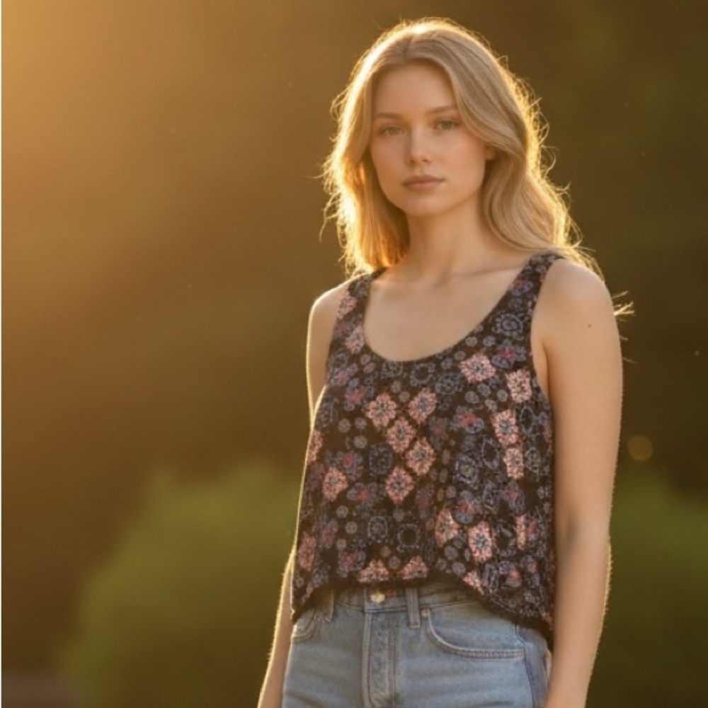 Mudd Navy Paisley Patterned Cropped Boho Tank Top